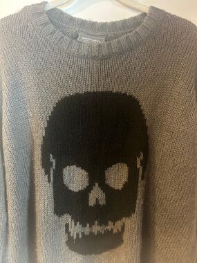 Wooden Ships Gray Crewneck Sweater with Black Skull Motif